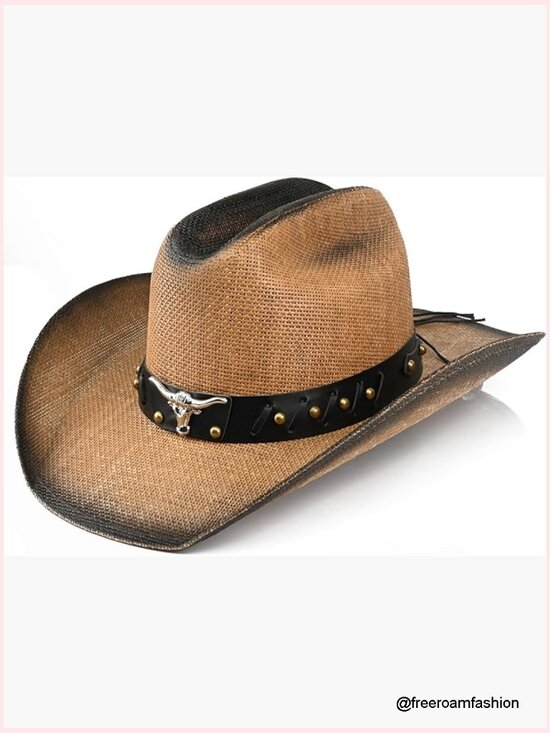 Western Straw Cowboy Hat with Metal Bull Head Badge - Adjustable Brim main image 4